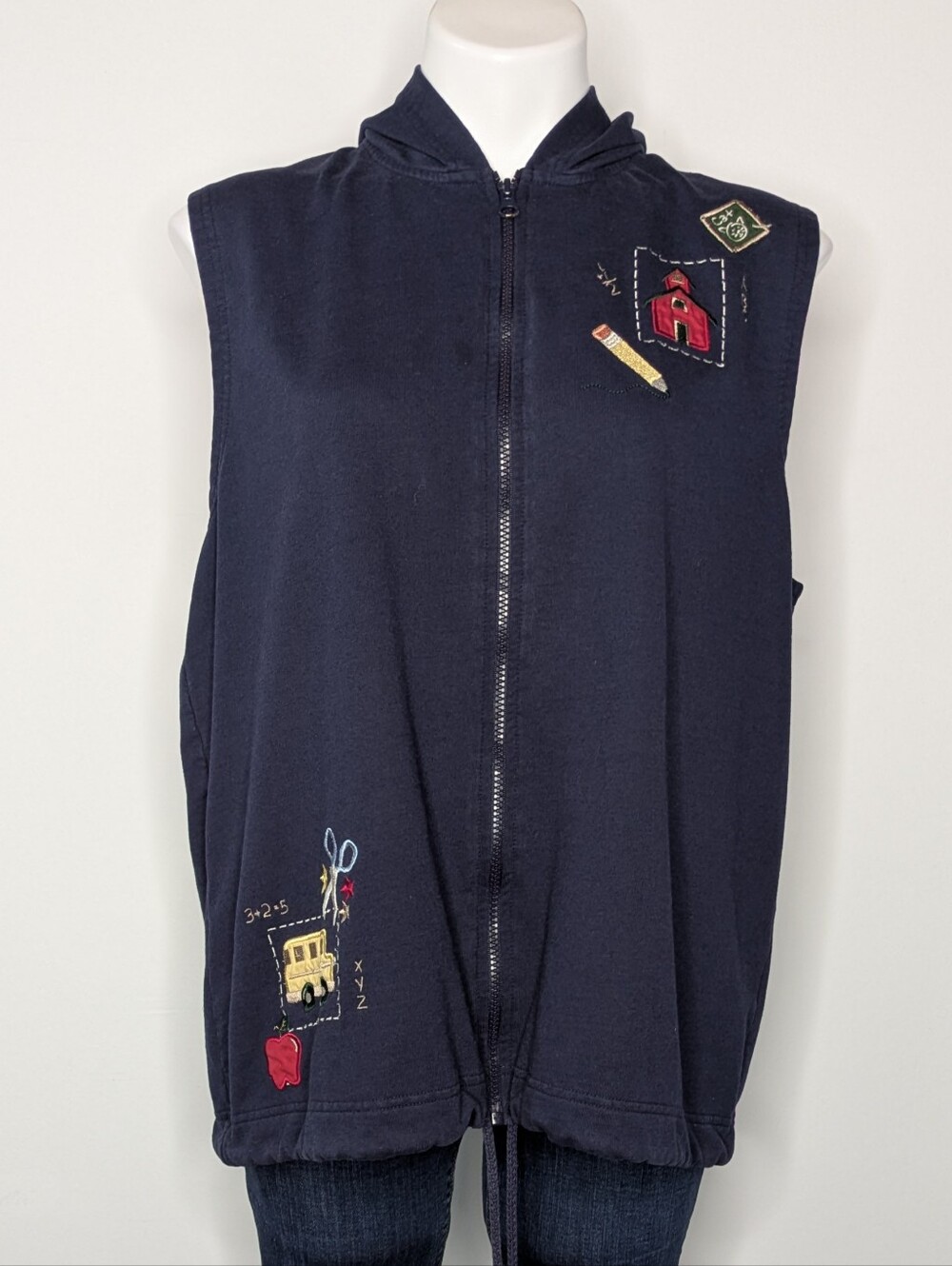 Vintage CJ Banks Blue Red School Bus Apple Novelty Zip Up Sweatshirt Hoodie Vest